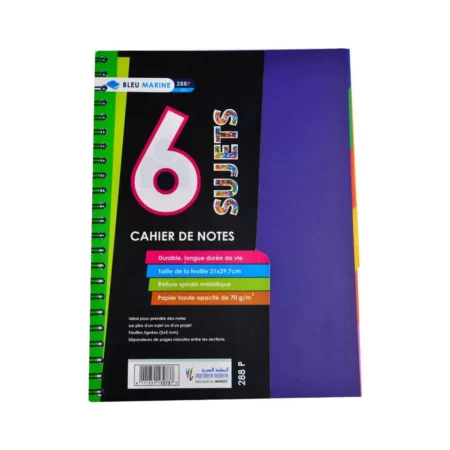 Cahier de notes reliure spirale 288pages 6Sujets 21x29,7cm 70g/m² - BLEU MARINE