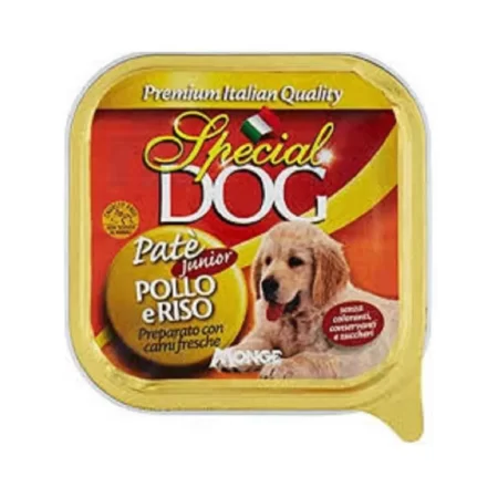 Pâté au poulet et riz pour chien junior. Contenance : 150 g.